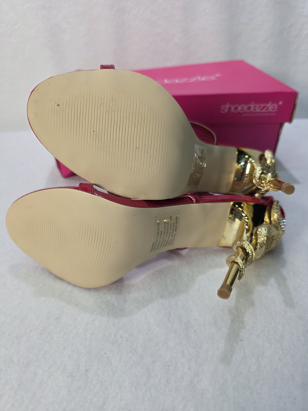 Shoe Dazzle Red Patent Strappy High Heel Sandals Gold Snake Shaped Stiletto NEW - Picture 6 of 14